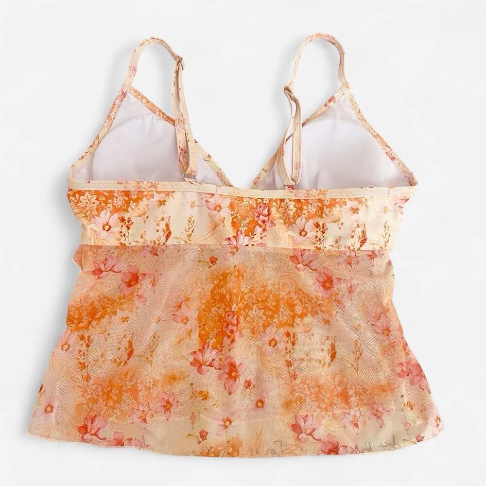 orange bikini top with floral print, ruffles, and bow - Picture 3 of 4
